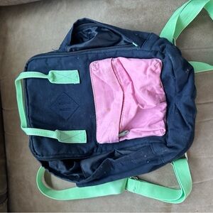 Navy Backpack with Pink Pocket and Green Straps